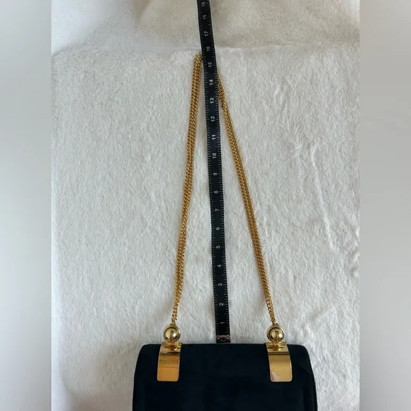 Vintage 1960 Meyers Made in USA Black Suede Gold Chain Strap Shoulder Bag Purse - Picture 12 of 12